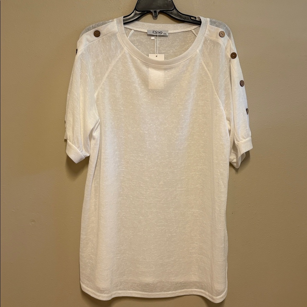 NWT! ENNO white sheer tunic with button accents.